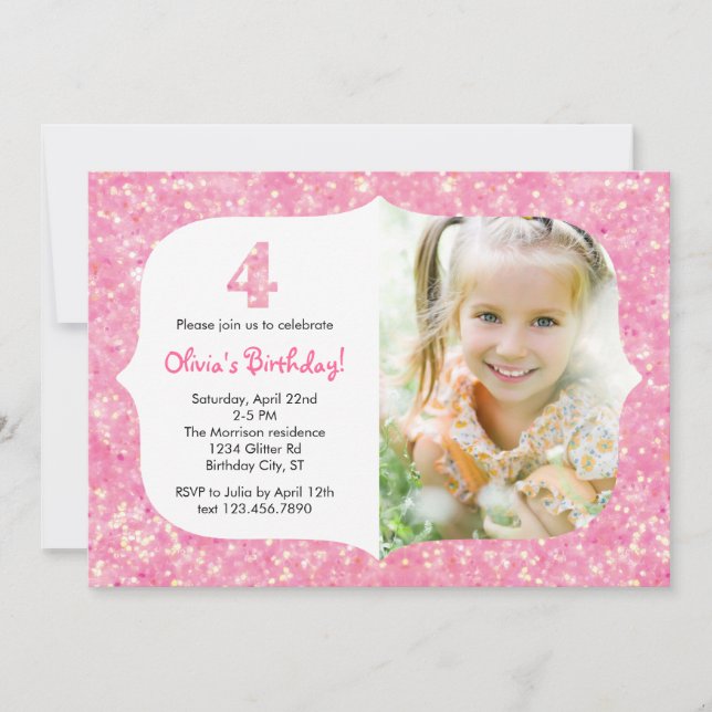 Glitter Fourth Birthday Invitation (Front)