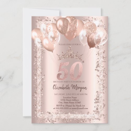 Glitter FrameCrownBalloons 50th Birthday Invitation