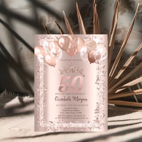 Glitter FrameCrownBalloons 50th Birthday Invitation