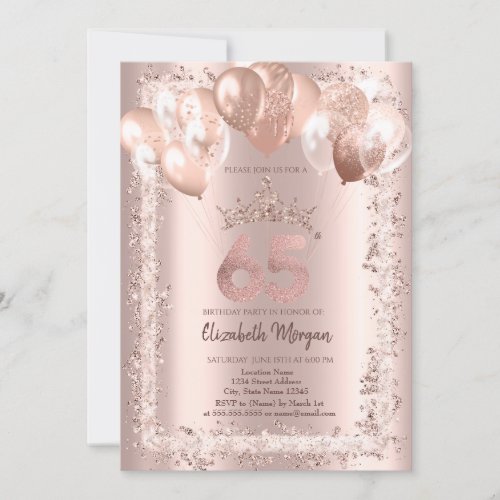 Glitter FrameCrownBalloons 65th Birthday Invitation