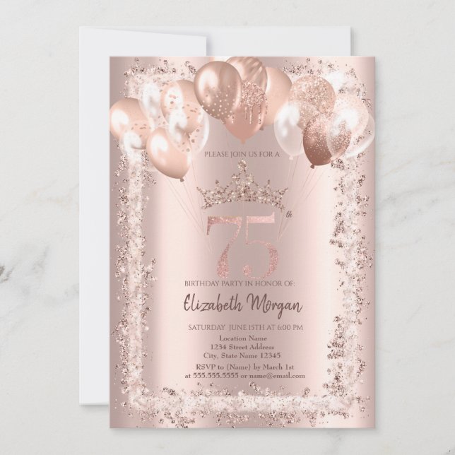 Glitter Frame,Crown,Balloons 75th Birthday Invitation (Front)