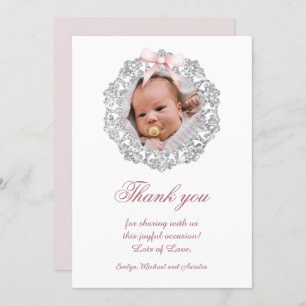 Glitter Frame Pink Bow Baptism Thank You Card
