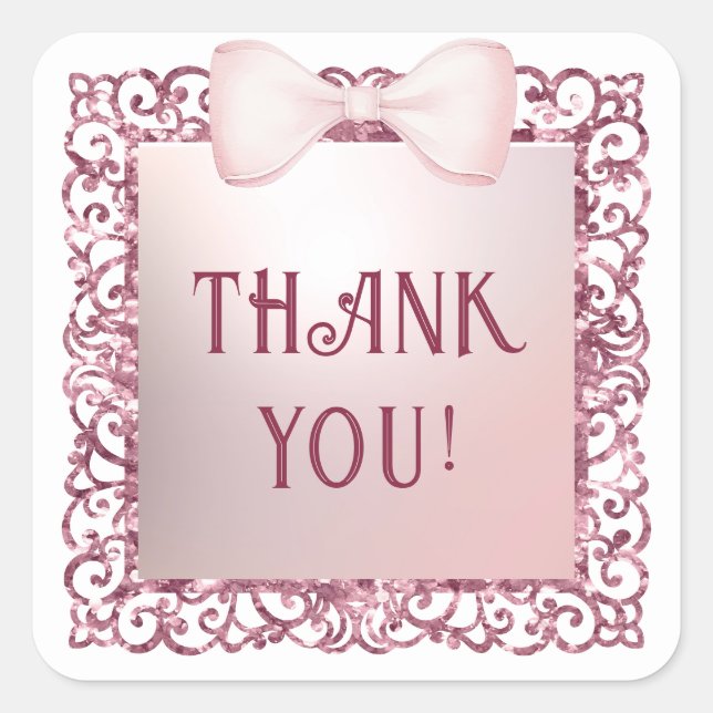 Glitter Frame Pink Bow Thank You Sticker (Front)