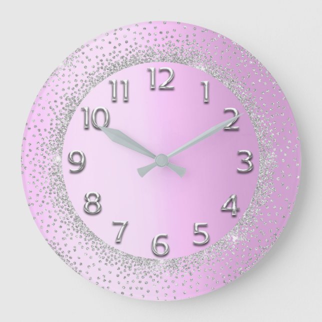 Glitter Frame Pink Gray Numbers Blush Beauty Large Clock (Front)