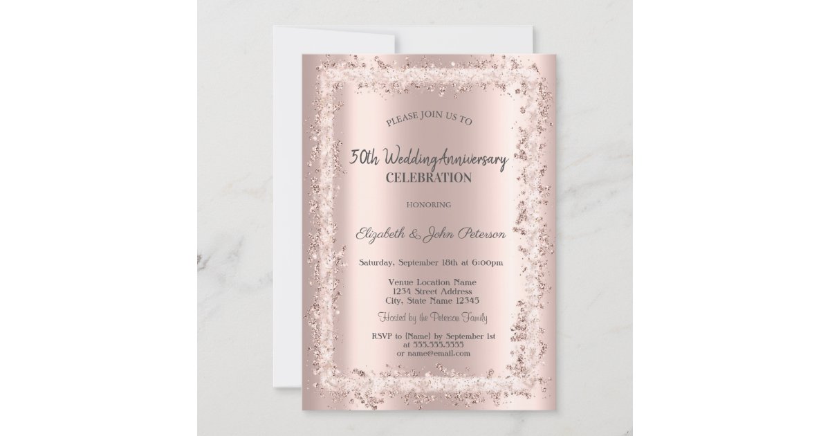 Glitter Frame Rose Gold Wedding Anniversary Invitation Zazzle