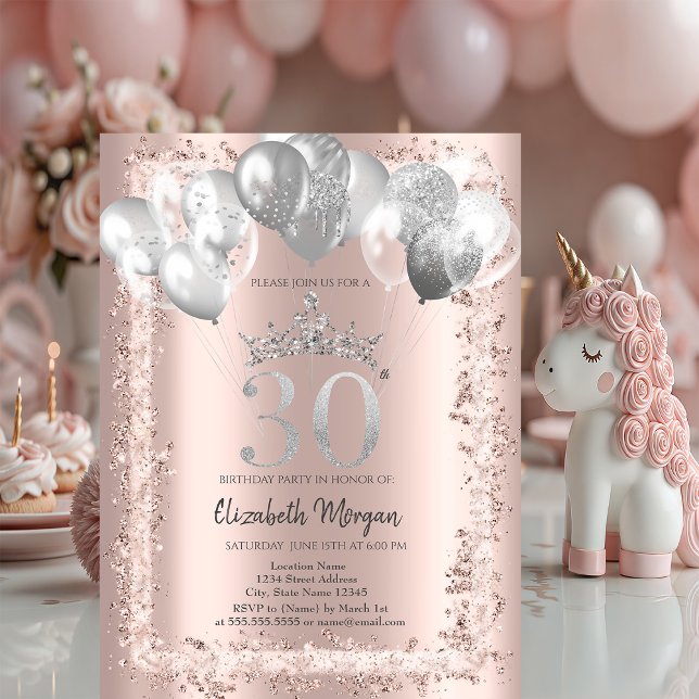 Glitter Frame,Silver Crown,Balloons 30th Birthday Invitation (Creator Uploaded)