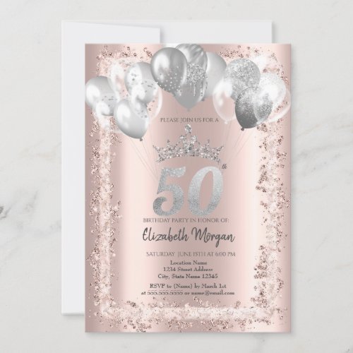 Glitter FrameSilver CrownBalloons 50th Birthday Invitation