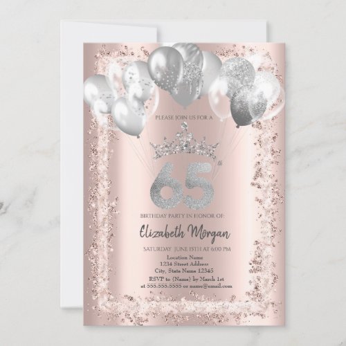 Glitter FrameSilver CrownBalloons 65th Birthday Invitation