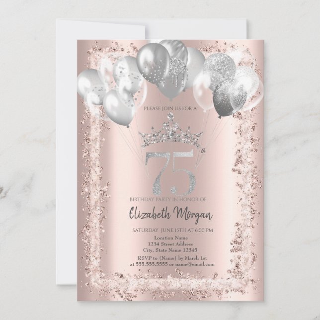 Glitter Frame,Silver Crown,Balloons 75th Birthday Invitation (Front)