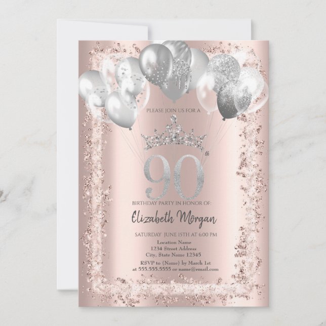 Glitter Frame,Silver Crown,Balloons 90th  Invitation (Front)