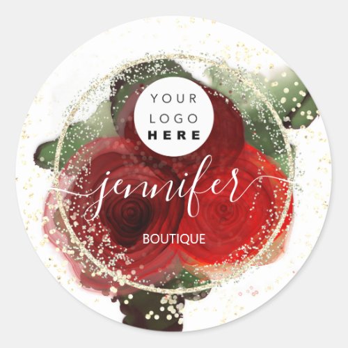 Glitter Framed Gold Roses White Glitter Classic Round Sticker