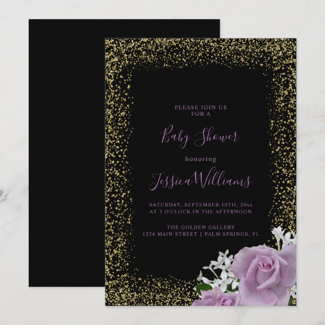 Glitter Framed Lilac Roses Baby Shower Party Invitation (Front/Back)