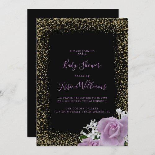 Glitter Framed Lilac Roses Baby Shower Party Invitation