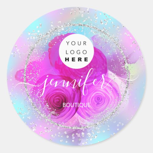 Glitter Framed Silver Pink Roses Blue  Classic Round Sticker