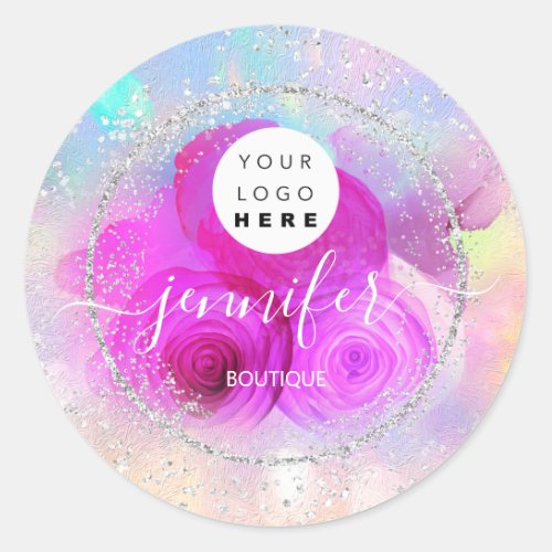 Glitter Framed Silver Pink Roses Glitter Classic Round Sticker