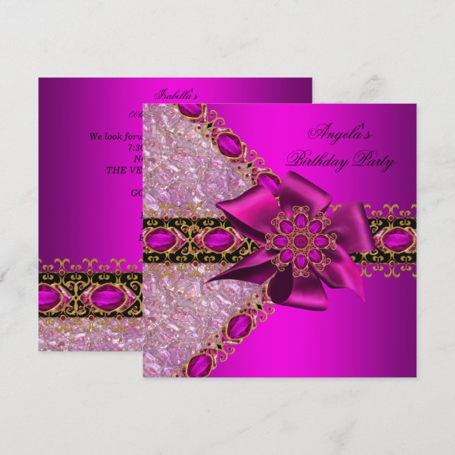 Glitter Fuchsia Pink Jewel Birthday Party 2 Invitation (Front/Back)