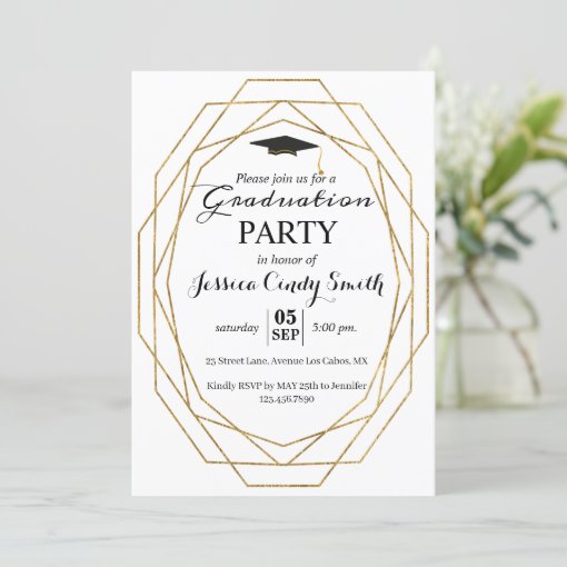 Glitter Geometric Frame Photo Graduation Party Invitation | Zazzle