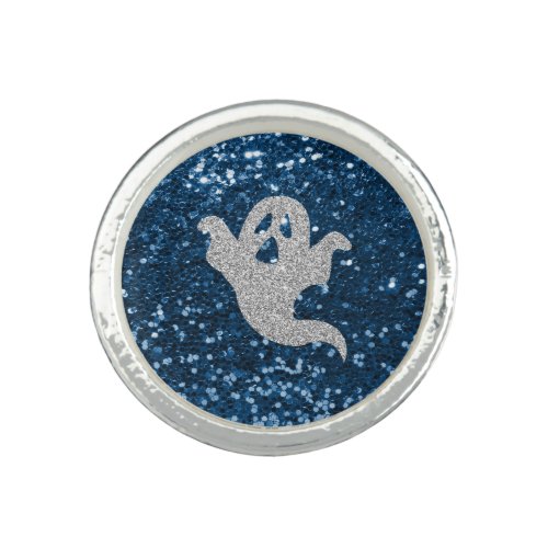 Glitter Ghost Teal Faux Glitter Silver Round Ring
