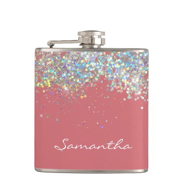 Glitter Girly Custom Name Monogram Flask (Front)