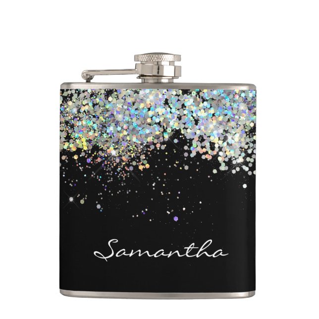 Glitter Girly Custom Name Monogram Flask (Front)