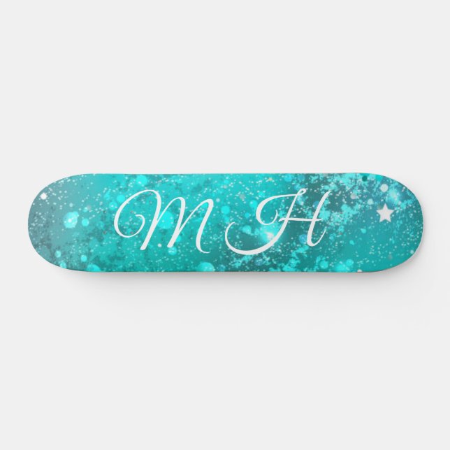 Glitter Girly Green Mermaid Monogram Fantasy Teal Skateboard (Horz)