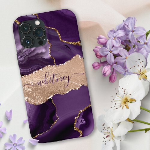 Glitter Girly Purple Agate  Rose Gold Stylish iPhone 13 Pro Case