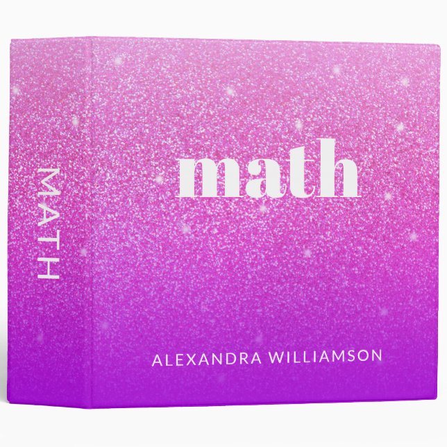 Glitter Girly Sparkly Pink Purple Name School  3 Ring Binder (Front/Spine)