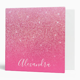 Glitter Girly Sparkly Rose Pink Script Name 3 Ring Binder