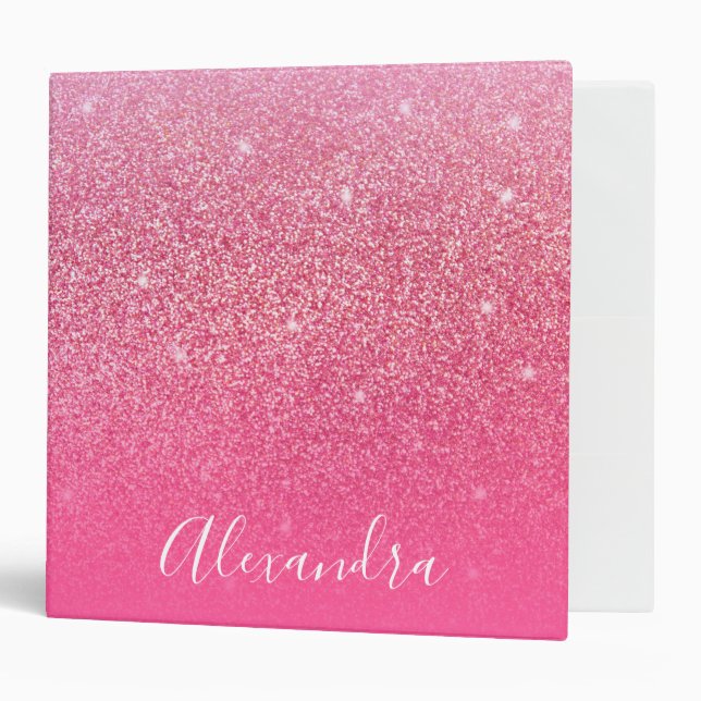 Glitter Girly Sparkly Rose Pink Script Name 3 Ring Binder (Front/Inside)