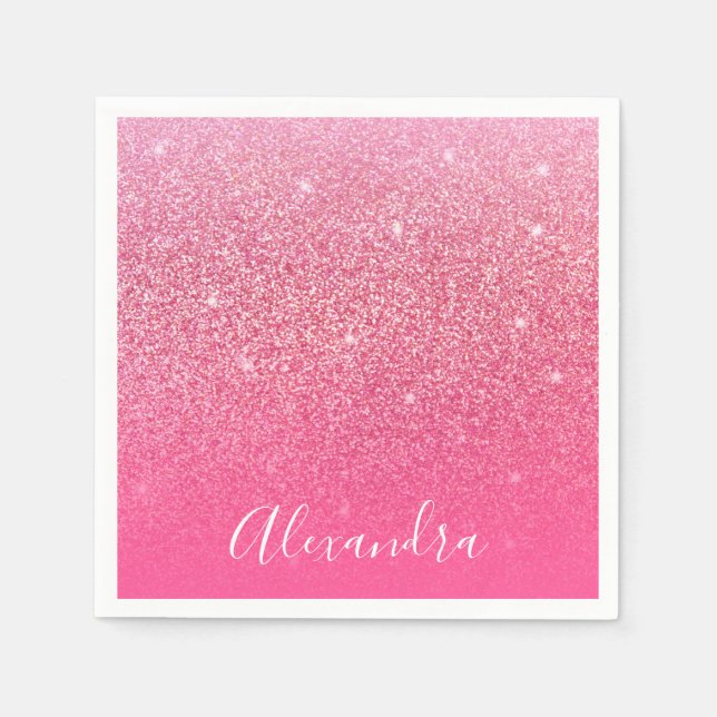 Glitter Girly Sparkly Rose Pink Script Name Custom Napkins (Front)
