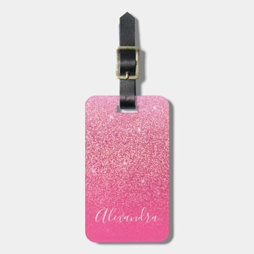 Glitter Girly Sparkly Rose Pink Script Name  Luggage Tag