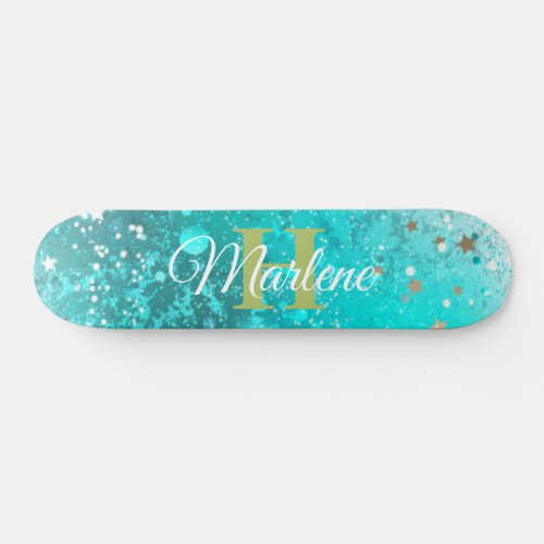 Glitter Girly Teal Mermaid Monogram Name Fantasy  Skateboard