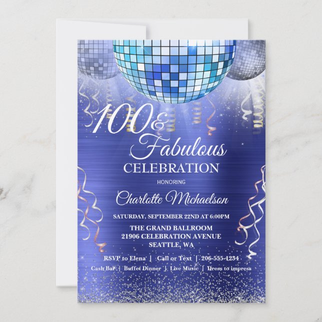 Glitter Glam 100th Birthday Blue Disco Ball Invitation (Front)