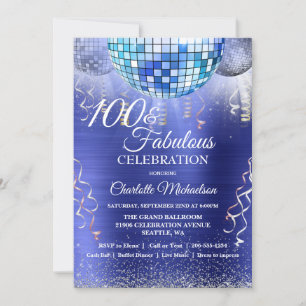 Glitter Glam 100th Birthday Blue Disco Ball Invitation