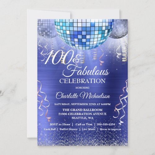 Glitter Glam 100th Birthday Blue Disco Ball Invitation