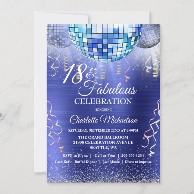 Glitter Glam 18th Birthday Blue Disco Ball Invitation (Front)