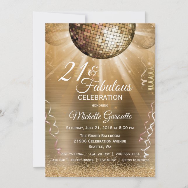Glitter Glam 21 and Fabulous Gold Disco Ball Invitation (Front)