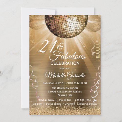 Glitter Glam 21 and Fabulous Gold Disco Ball Invitation