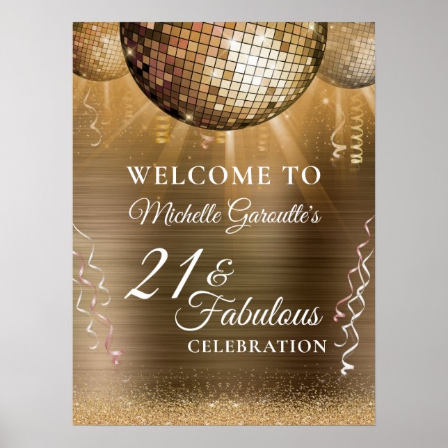Glitter Glam 21 & Fabulous Gold Disco Ball Poster (Front)
