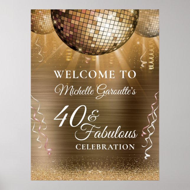 Glitter Glam 40 & Fabulous Gold Disco Ball Poster (Front)