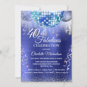 Glitter Glam 40th Birthday Blue Disco Ball Invitation