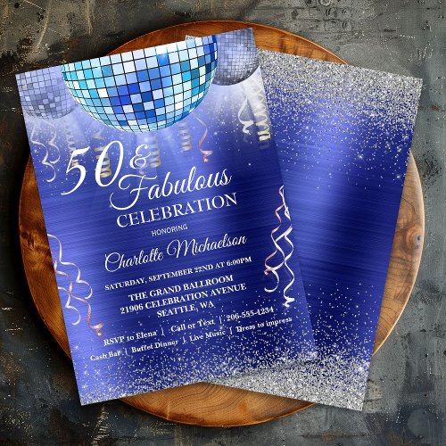 Glitter Glam 50 and Fabulous Blue Disco Ball Invitation