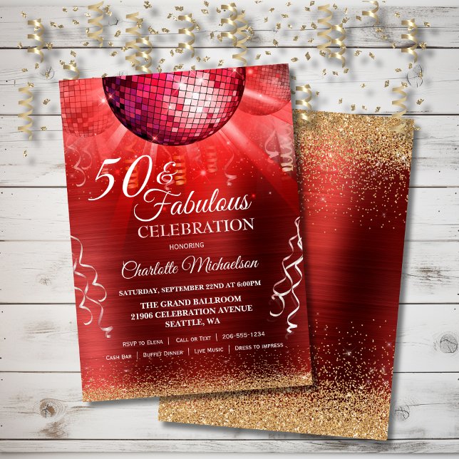 Glitter Glam 50 and Fabulous Red Disco Ball Invitation (Glitter Glam 50 and Fabulous Red Disco Ball Invitation)