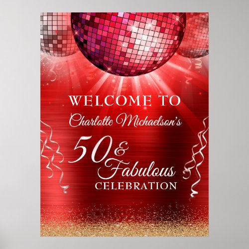 Glitter Glam 50  Fabulous Red Disco Ball Poster