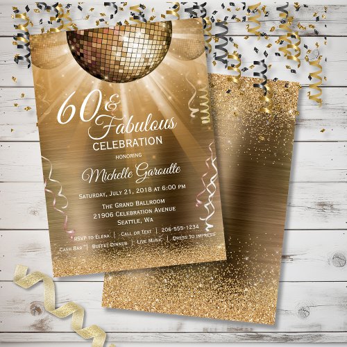 Glitter Glam 60 and Fabulous Gold Disco Ball Invitation