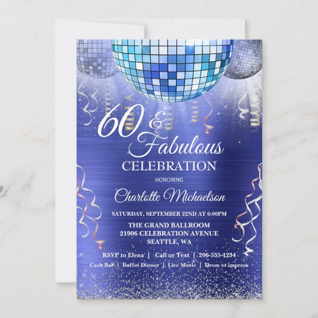 Glitter Glam 60th Birthday Blue Disco Ball Invitation (Front)