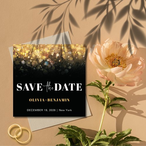 Glitter Glam Black and Gold Wedding Save The Date Invitation