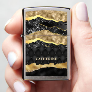 Glitter glam black gold shimmer elegant name zippo lighter