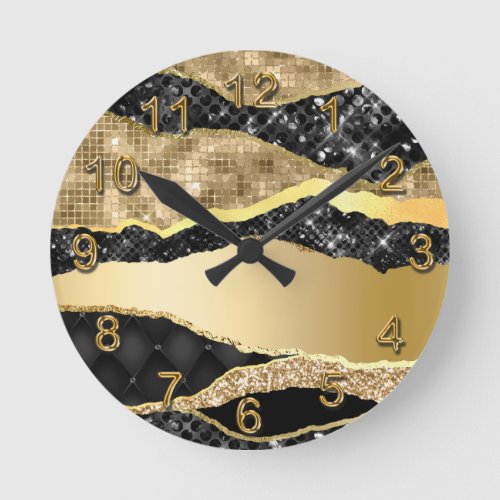 Glitter glam gold black analog marble elegant tear round clock