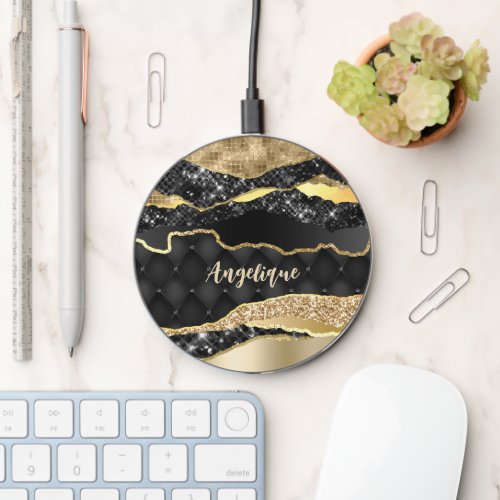 Glitter glam gold black marble elegant girls name wireless charger 